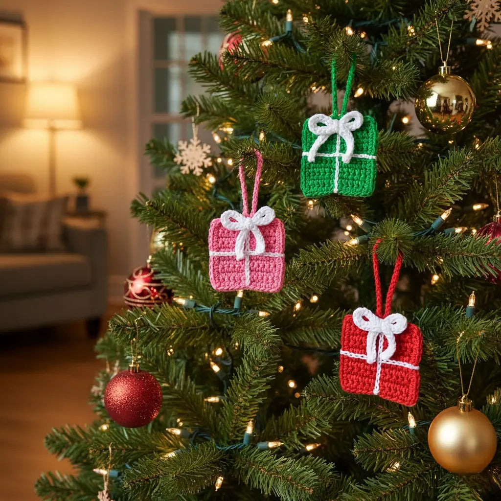 Crochet Gift Box Ornaments | Recycled Cotton Christmas Gifts | Pack of 3 - $5 each | WHOLESALE