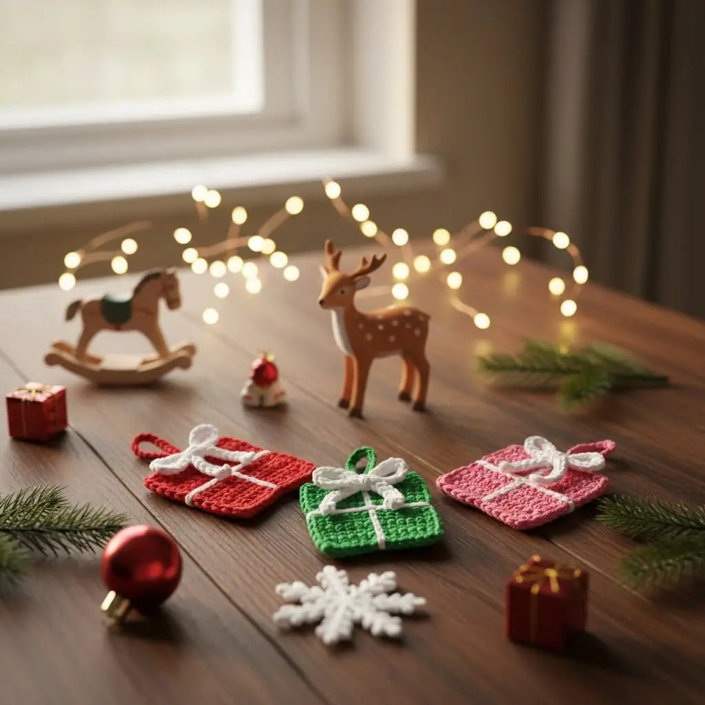 Crochet Gift Box Ornaments | Recycled Cotton Christmas Gifts | Pack of 3 - $5 each | WHOLESALE
