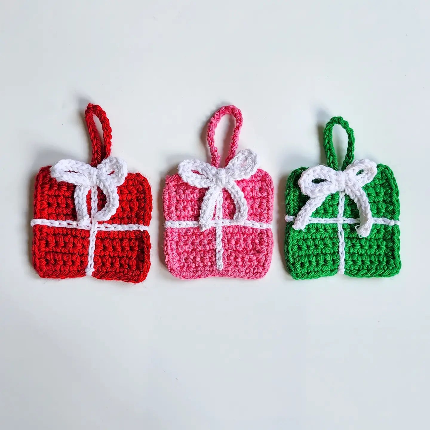 Crochet Gift Box Ornaments | Recycled Cotton Christmas Gifts | Pack of 3 - $5 each | WHOLESALE