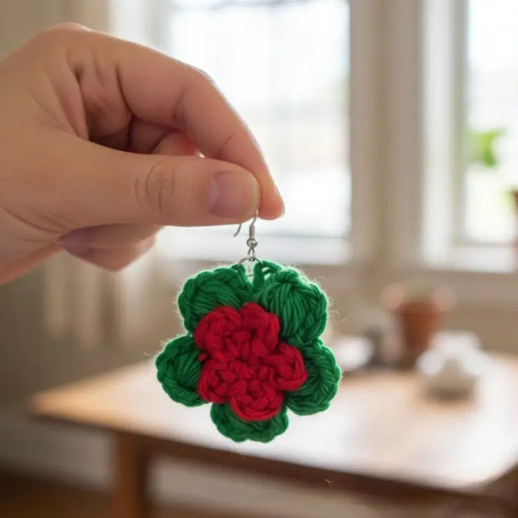 Crochet Poinsettia Flower Earrings | Recycled Cotton Holiday – Pack of 3 - $5 each WHOLESALE