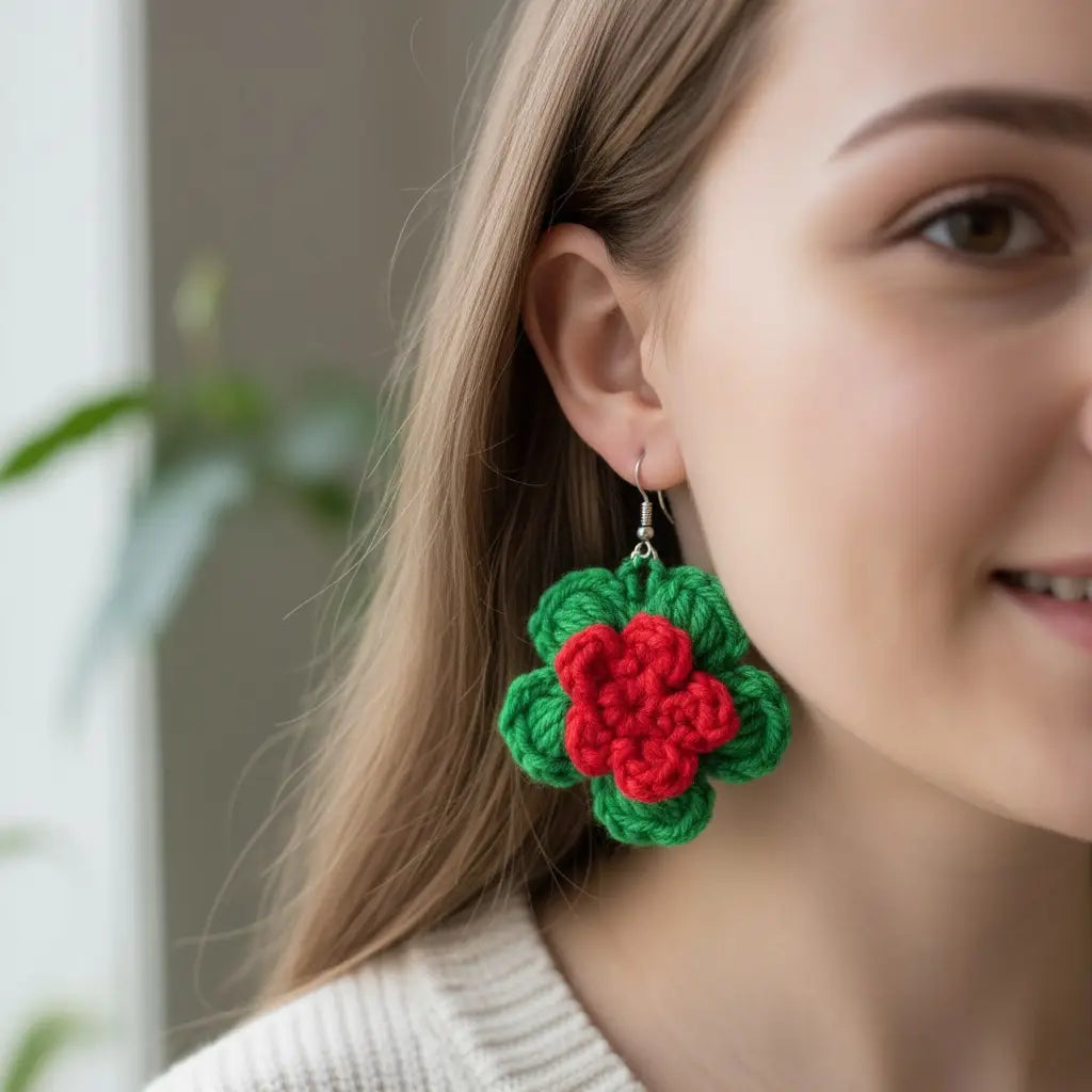 Crochet Poinsettia Flower Earrings | Recycled Cotton Holiday – Pack of 3 - $5 each WHOLESALE