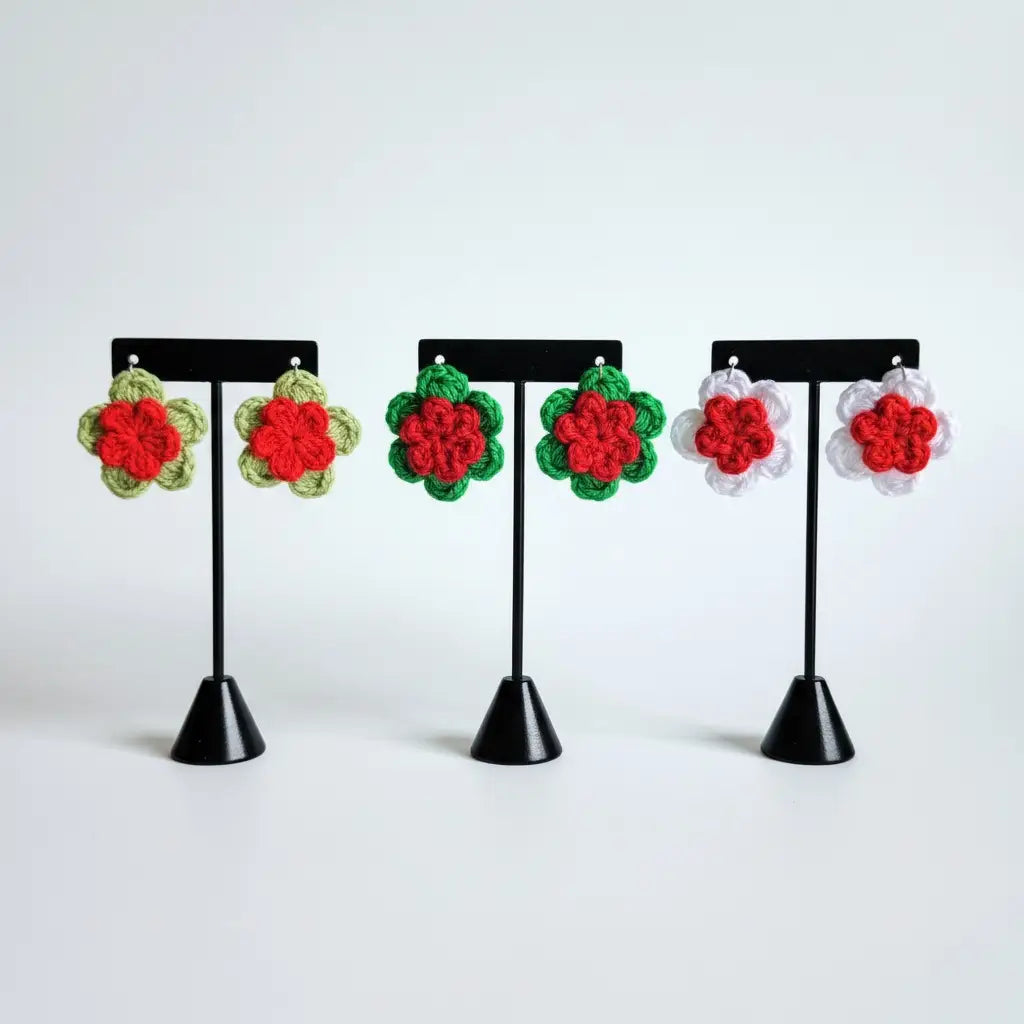 Crochet Poinsettia Flower Earrings | Recycled Cotton Holiday – Pack of 3 - $5 each WHOLESALE