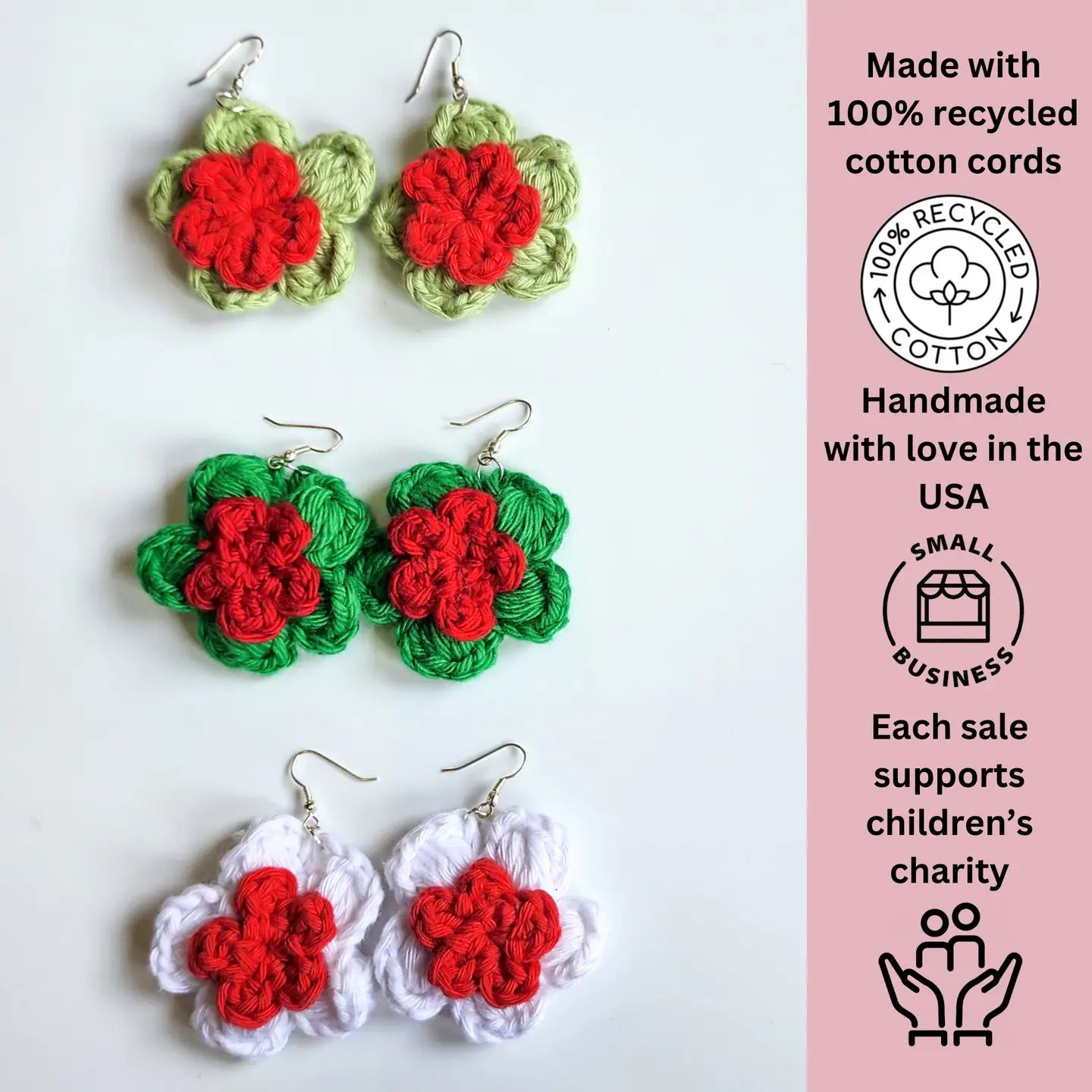 Crochet Poinsettia Flower Earrings | Recycled Cotton Holiday – Pack of 3 - $5 each WHOLESALE