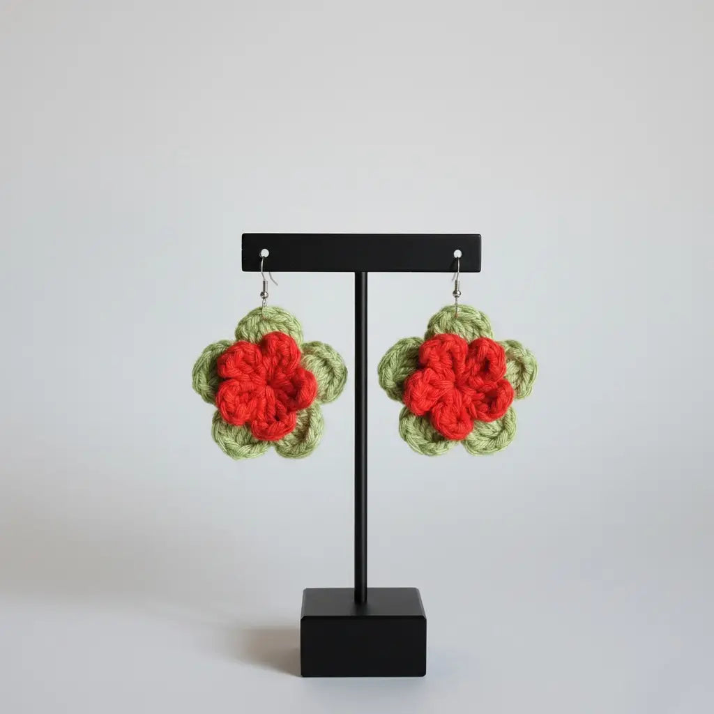 Crochet Poinsettia Flower Earrings | Recycled Cotton Holiday – Pack of 3 - $5 each WHOLESALE