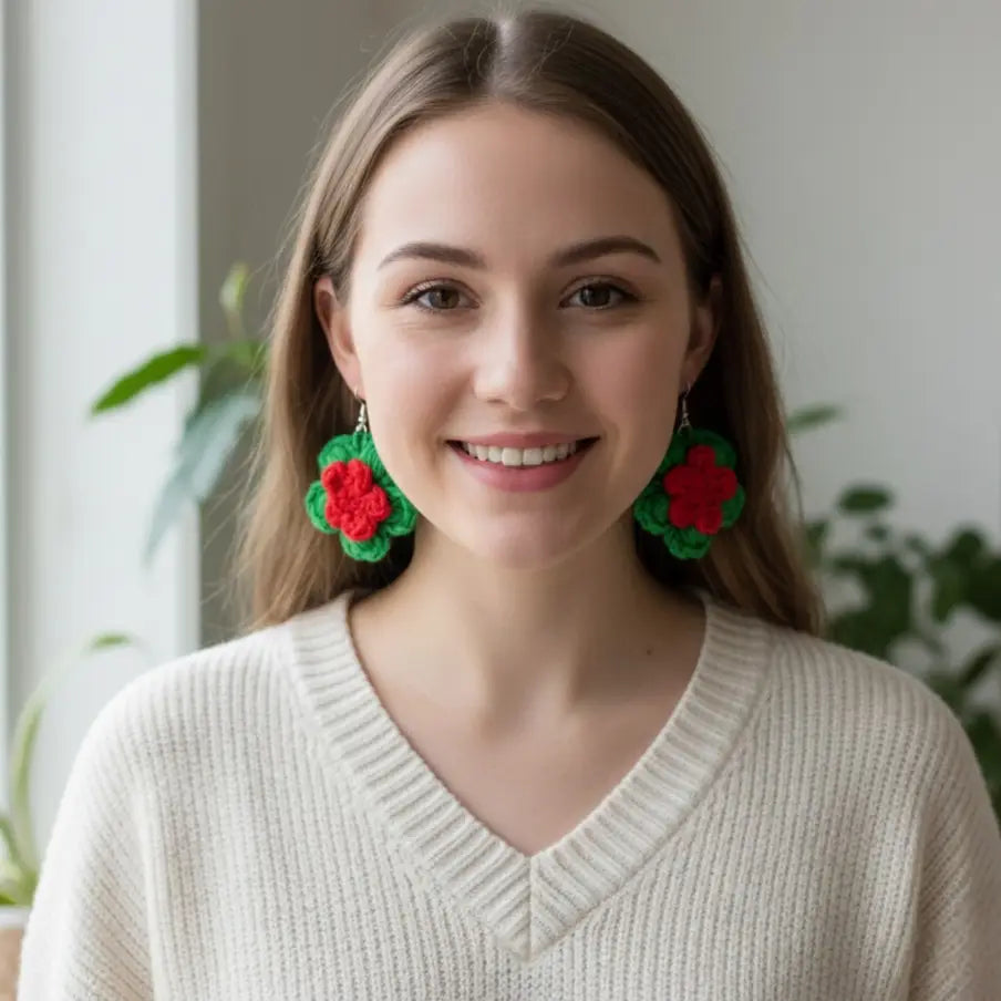 Crochet Poinsettia Flower Earrings | Recycled Cotton Holiday – Pack of 3 - $5 each WHOLESALE