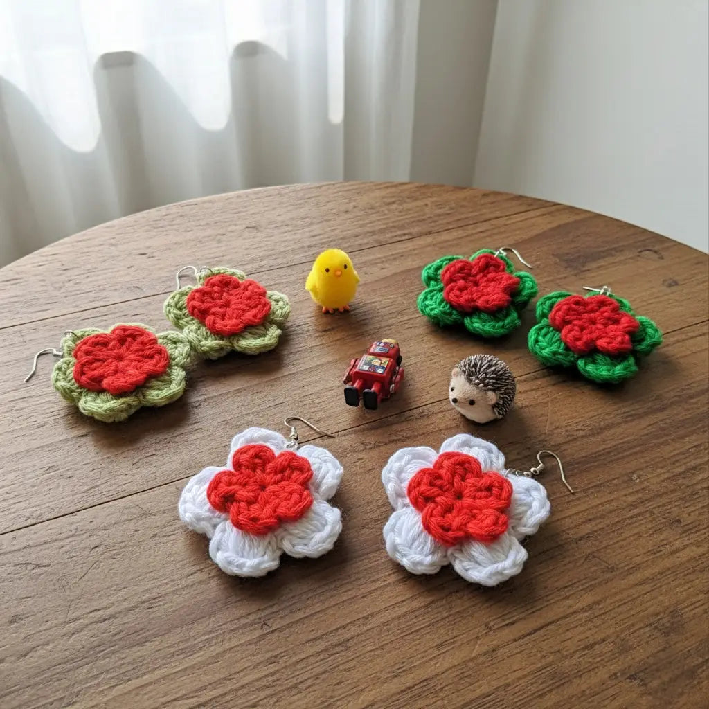 Crochet Poinsettia Flower Earrings | Recycled Cotton Holiday – Pack of 3 - $5 each WHOLESALE