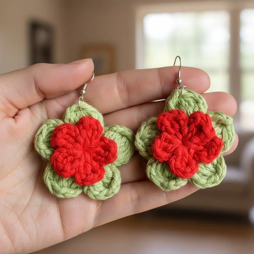 Crochet Poinsettia Flower Earrings | Recycled Cotton Holiday – Pack of 3 - $5 each WHOLESALE