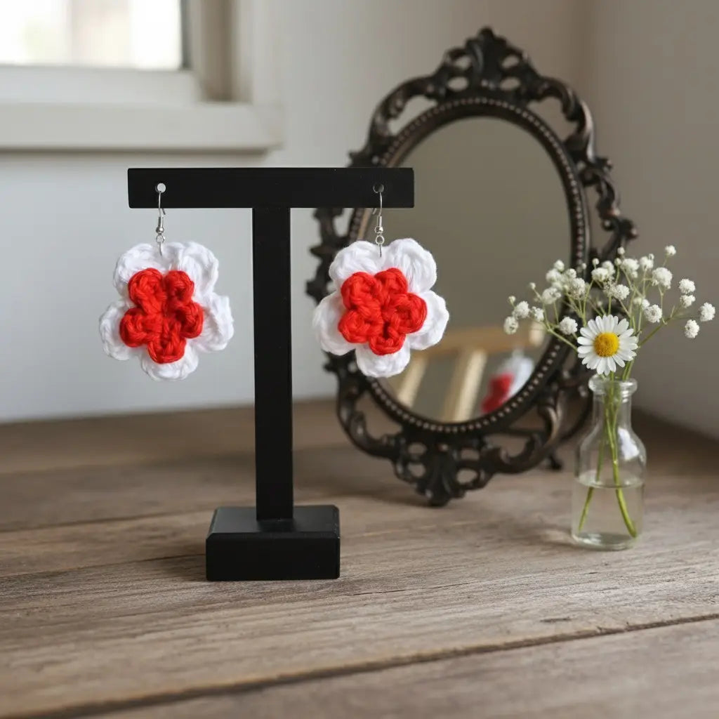 Crochet Poinsettia Flower Earrings | Recycled Cotton Holiday – Pack of 3 - $5 each WHOLESALE