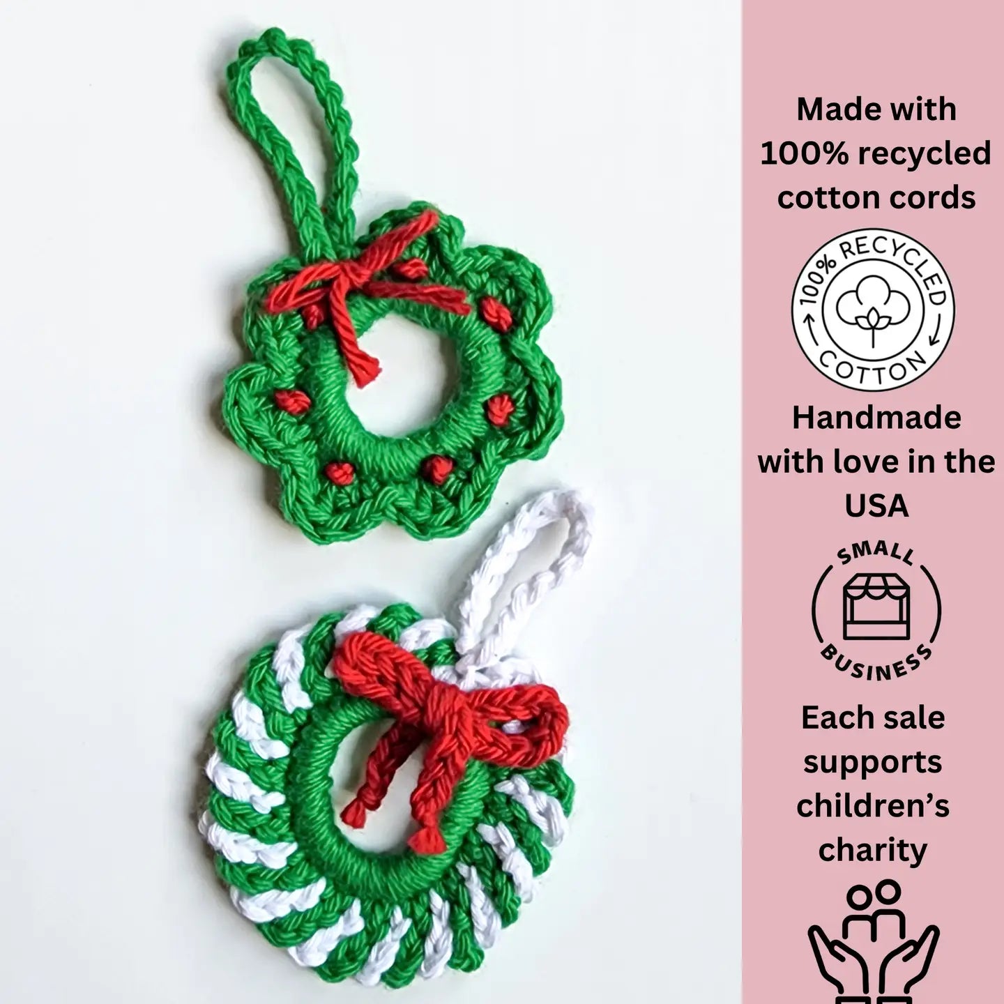 Crochet Swirl Wreath Christmas Ornament | Candy Cane Stripe | Pack of 3 - $5 each | WHOLESALE