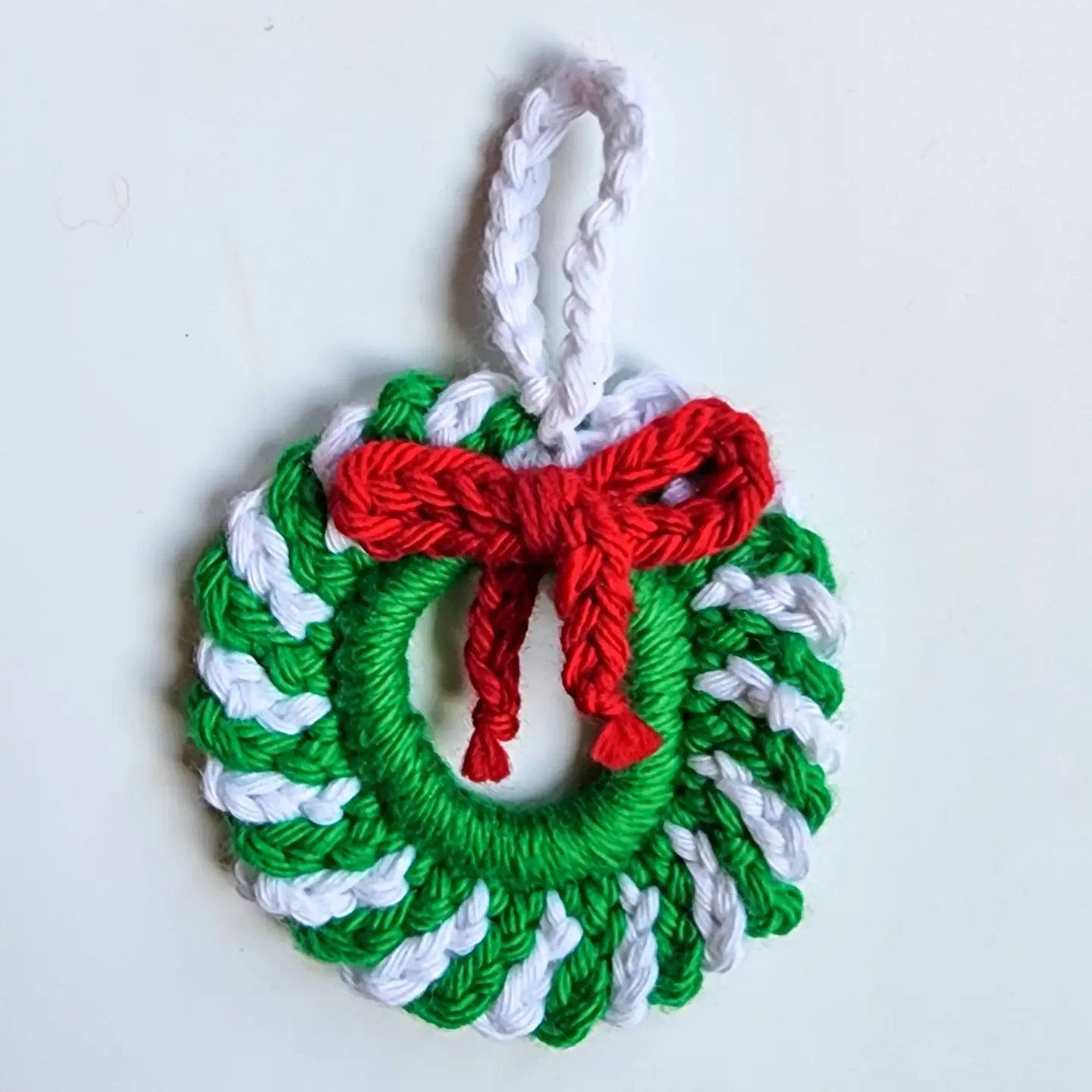 Crochet Swirl Wreath Christmas Ornament | Candy Cane Stripe | Pack of 3 - $5 each | WHOLESALE
