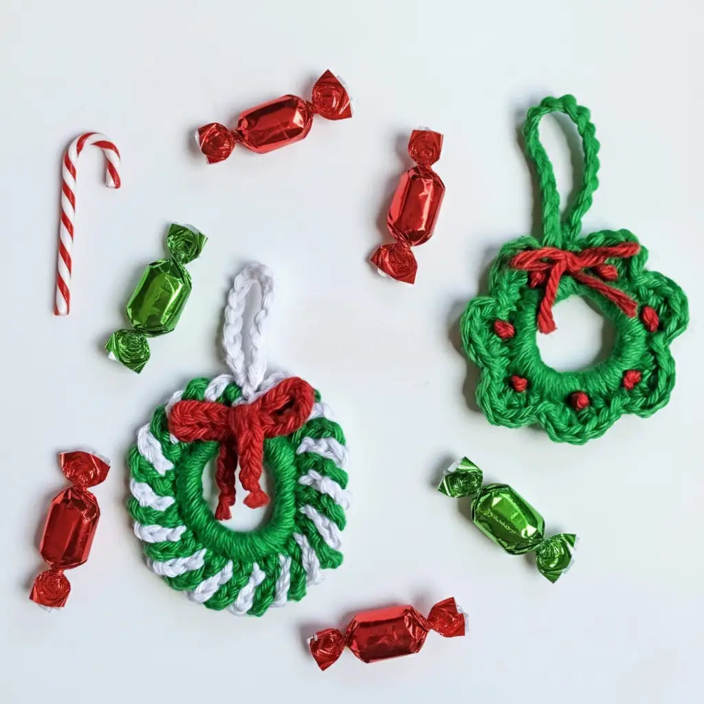 Crochet Swirl Wreath Christmas Ornament | Candy Cane Stripe | Pack of 3 - $5 each | WHOLESALE