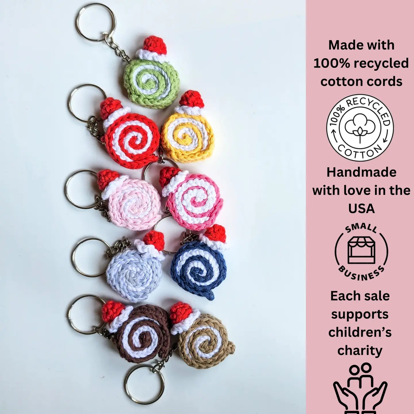 Crochet Swiss Roll Christmas Keychain | Amigurumi Bag Charm - Pack of 9 - $5 each WHOLESALE