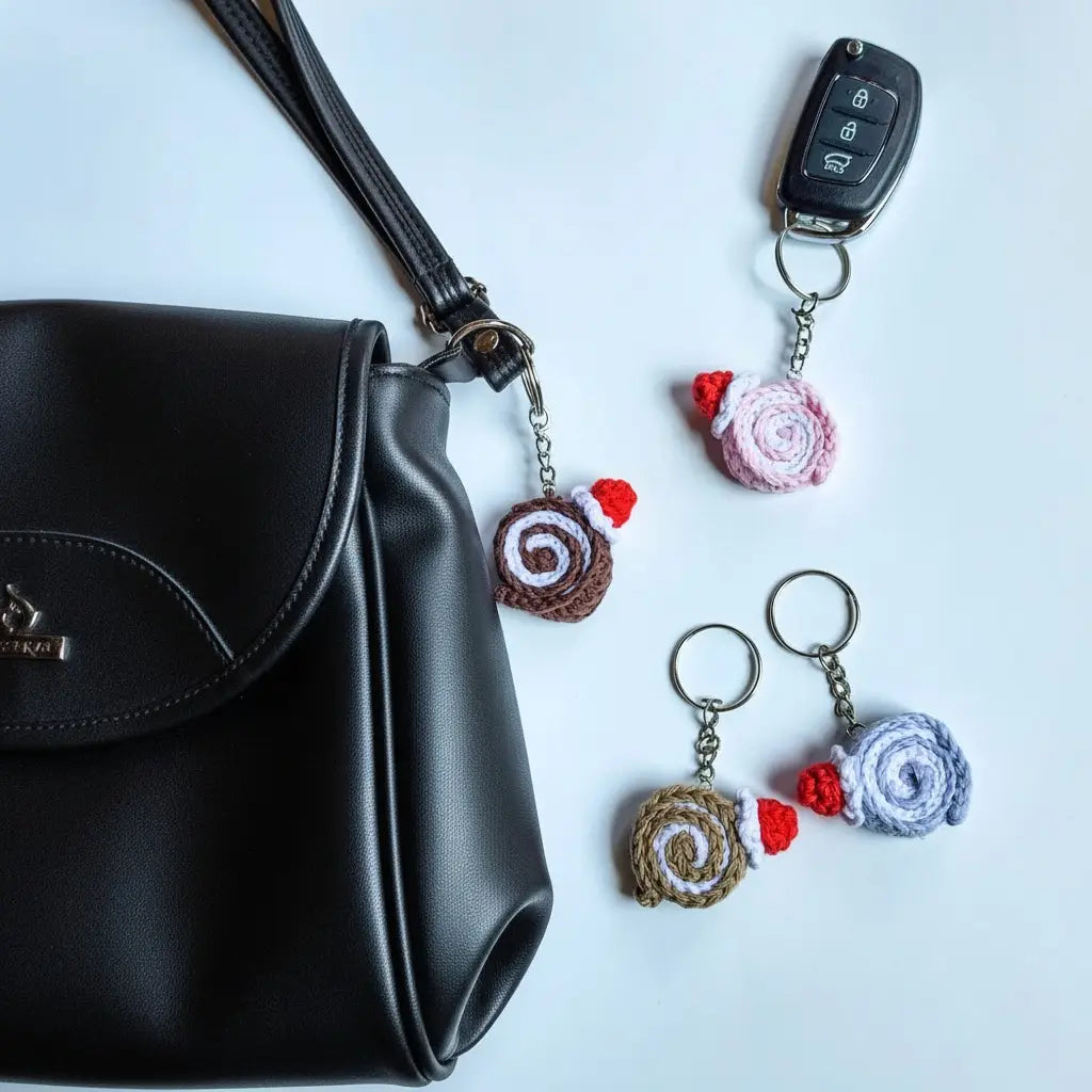 Crochet Swiss Roll Christmas Keychain | Amigurumi Bag Charm - Pack of 9 - $5 each WHOLESALE