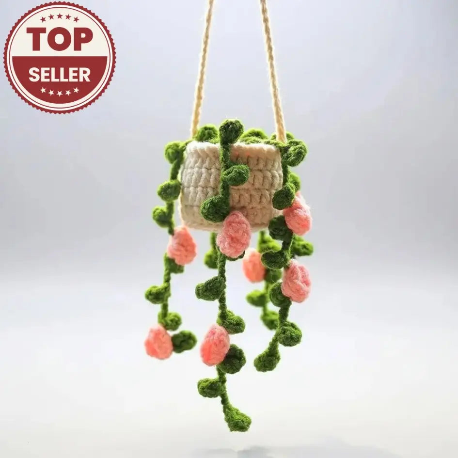 Floral Crochet Car Charm – Hanging Mini Plant Pot – Pack of 3 - $10 each WHOLESALE