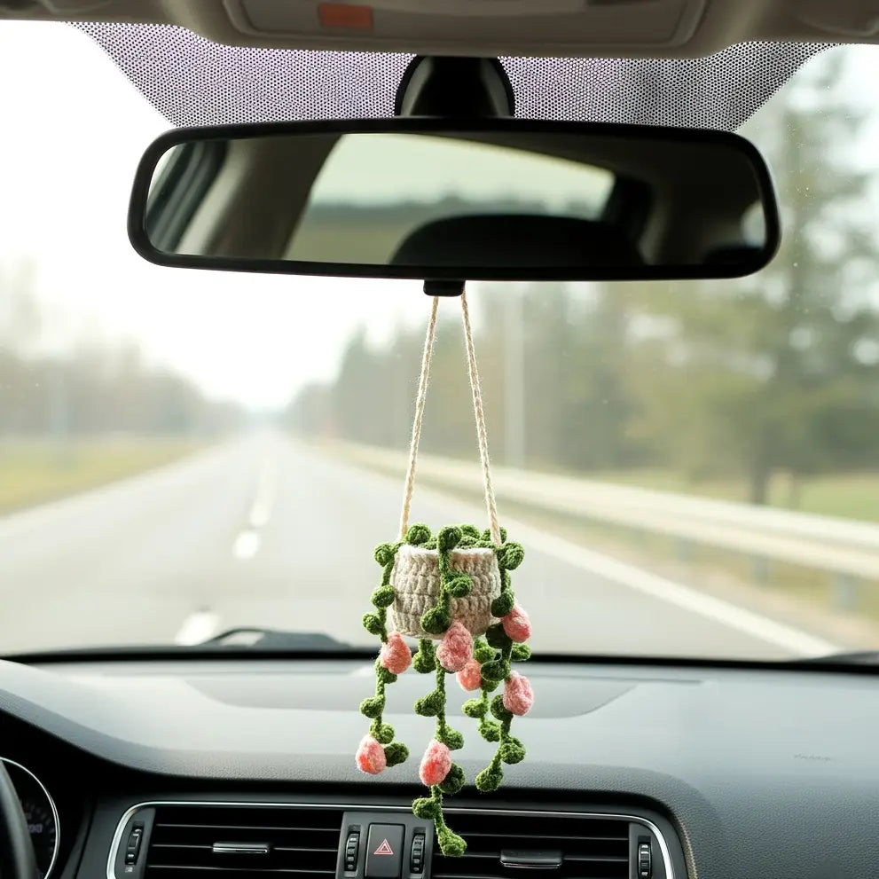 Floral Crochet Car Charm – Hanging Mini Plant Pot – Pack of 3 - $10 each WHOLESALE