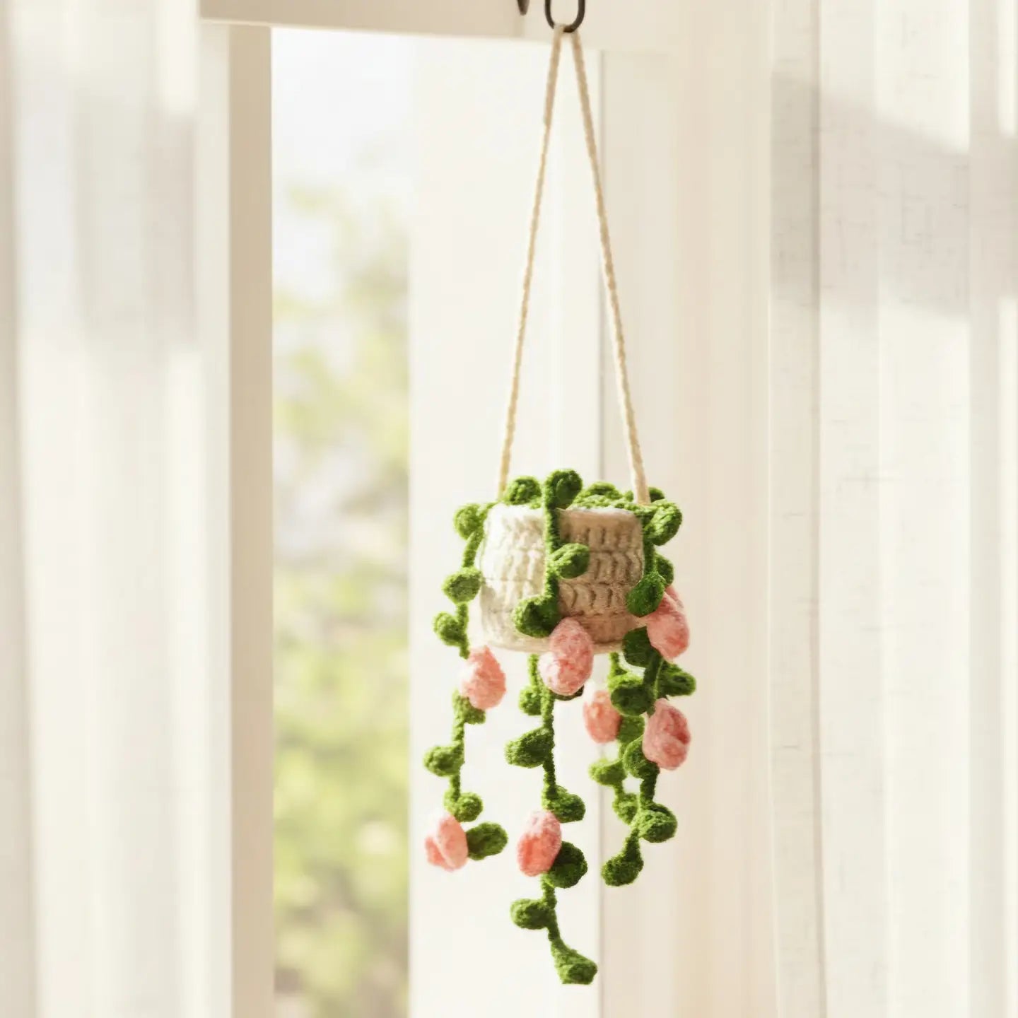 Floral Crochet Car Charm – Hanging Mini Plant Pot – Pack of 3 - $10 each WHOLESALE