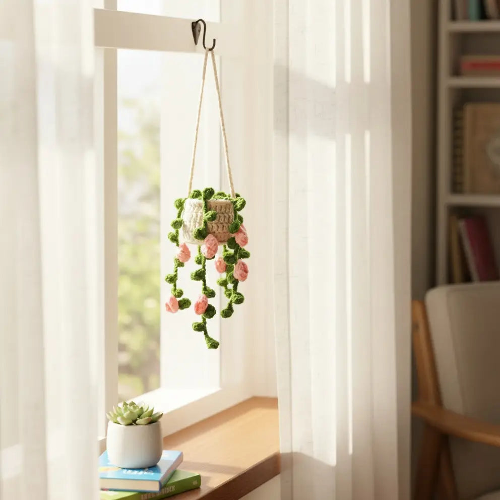 Floral Crochet Car Charm – Hanging Mini Plant Pot – Pack of 3 - $10 each WHOLESALE