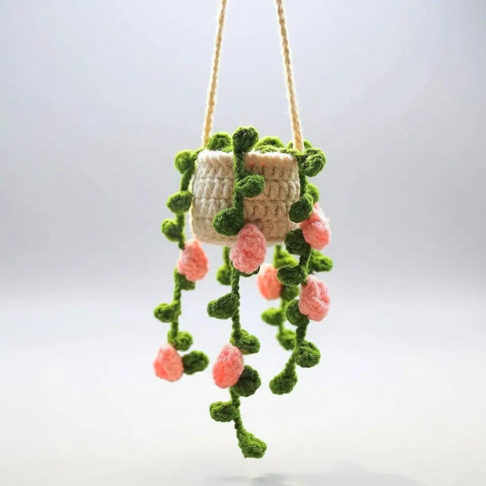 Floral Crochet Car Charm – Hanging Mini Plant Pot – Pack of 3 - $10 each WHOLESALE