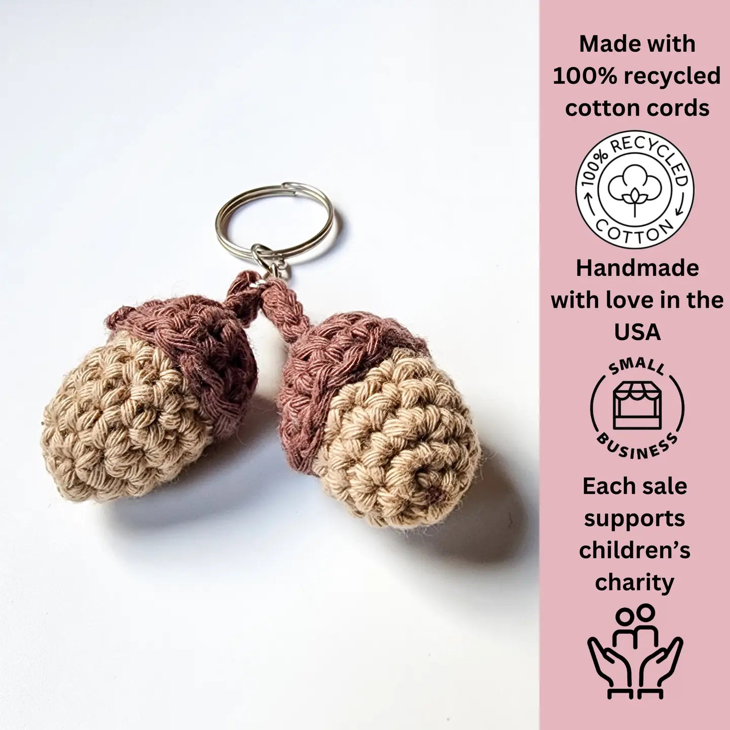 Handmade Acorn Keychain | Eco-Friendly Recycled Cotton | Pack of 5  - $4 each | WHOLESALE