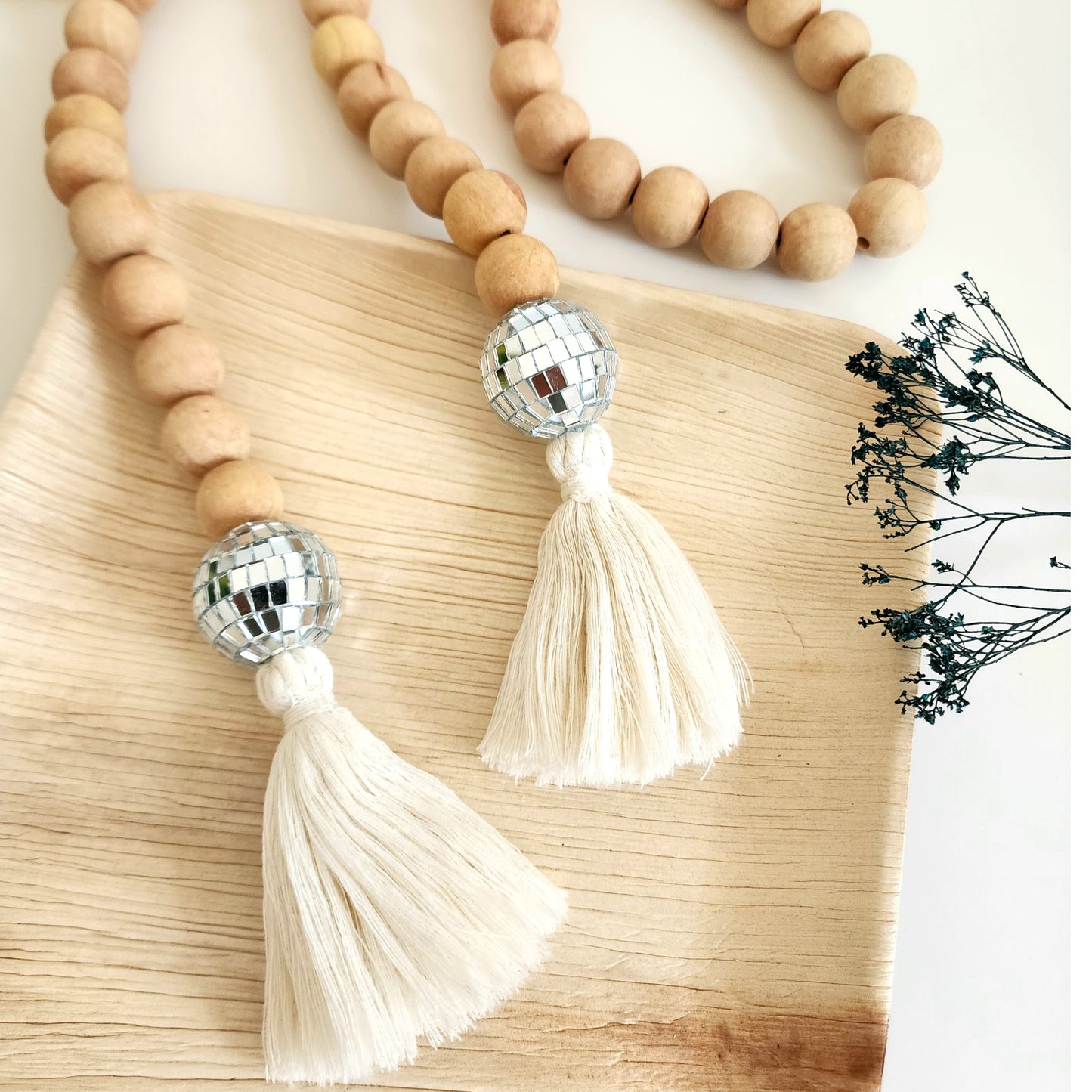 Handmade Large & Chunky wood Beads Garland with Cotton Tassels and Disco balls