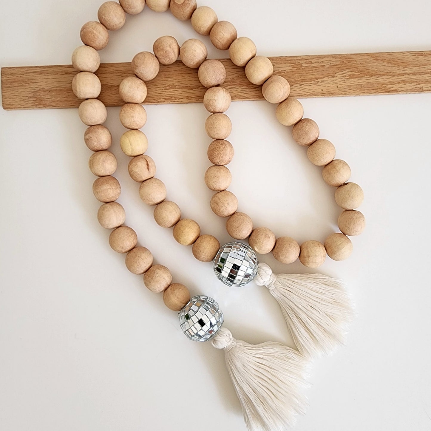 Handmade Large & Chunky wood Beads Garland with Cotton Tassels and Disco balls