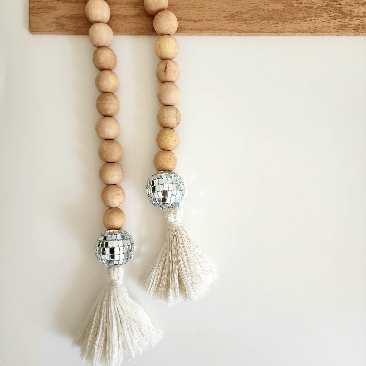 Handmade Large & Chunky wood Beads Garland with Cotton Tassels and Disco balls