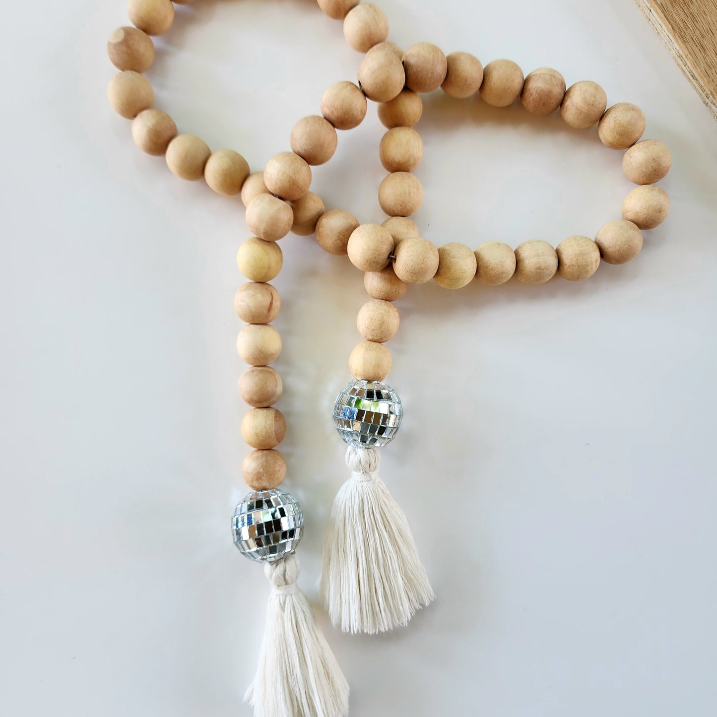 Handmade Large & Chunky wood Beads Garland with Cotton Tassels and Disco balls