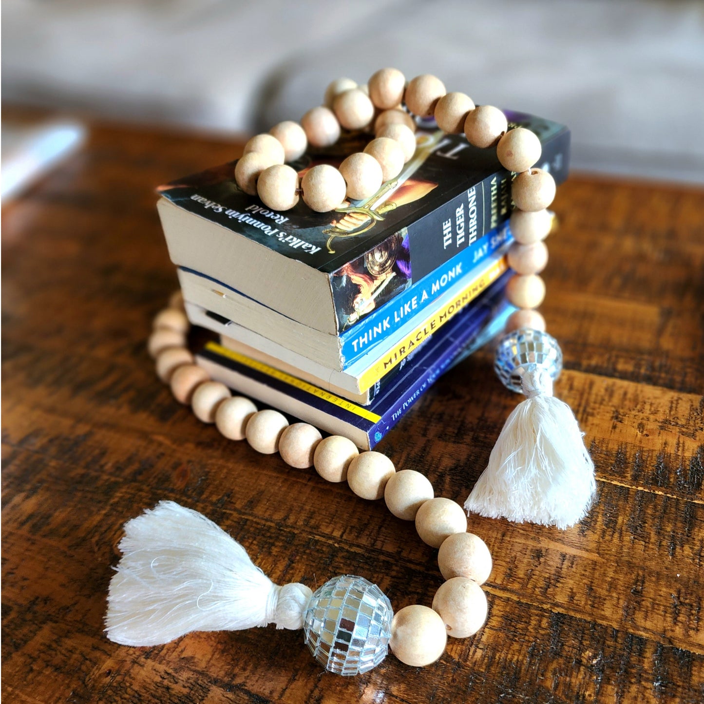 Handmade Large & Chunky wood Beads Garland with Cotton Tassels and Disco balls