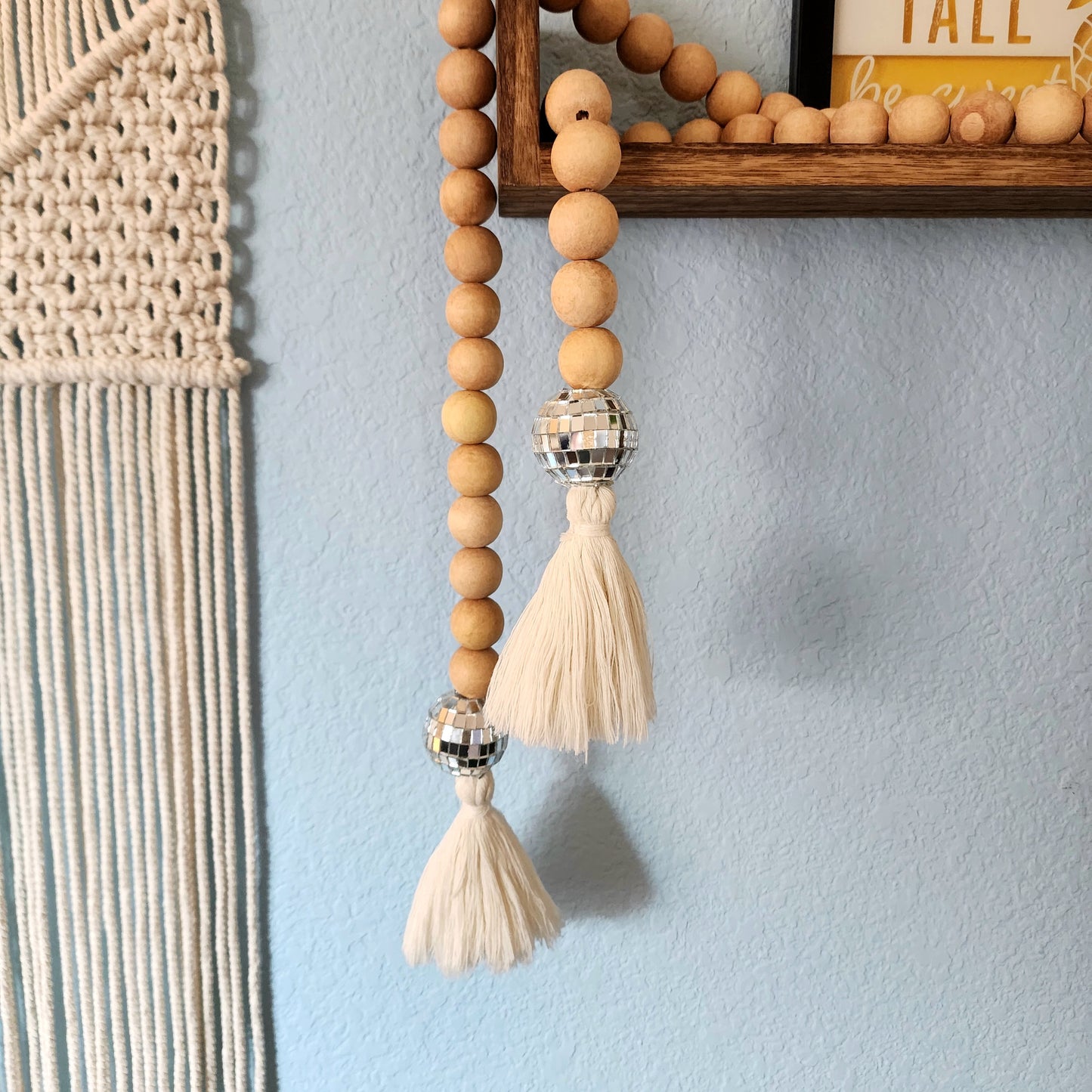 Handmade Large & Chunky wood Beads Garland with Cotton Tassels and Disco balls