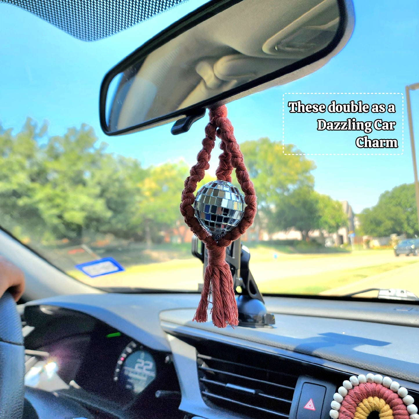 Macrame Disco Ball Hanger/Car Charm/Keychain, Retro Mirrorball Purse/Key Accessory