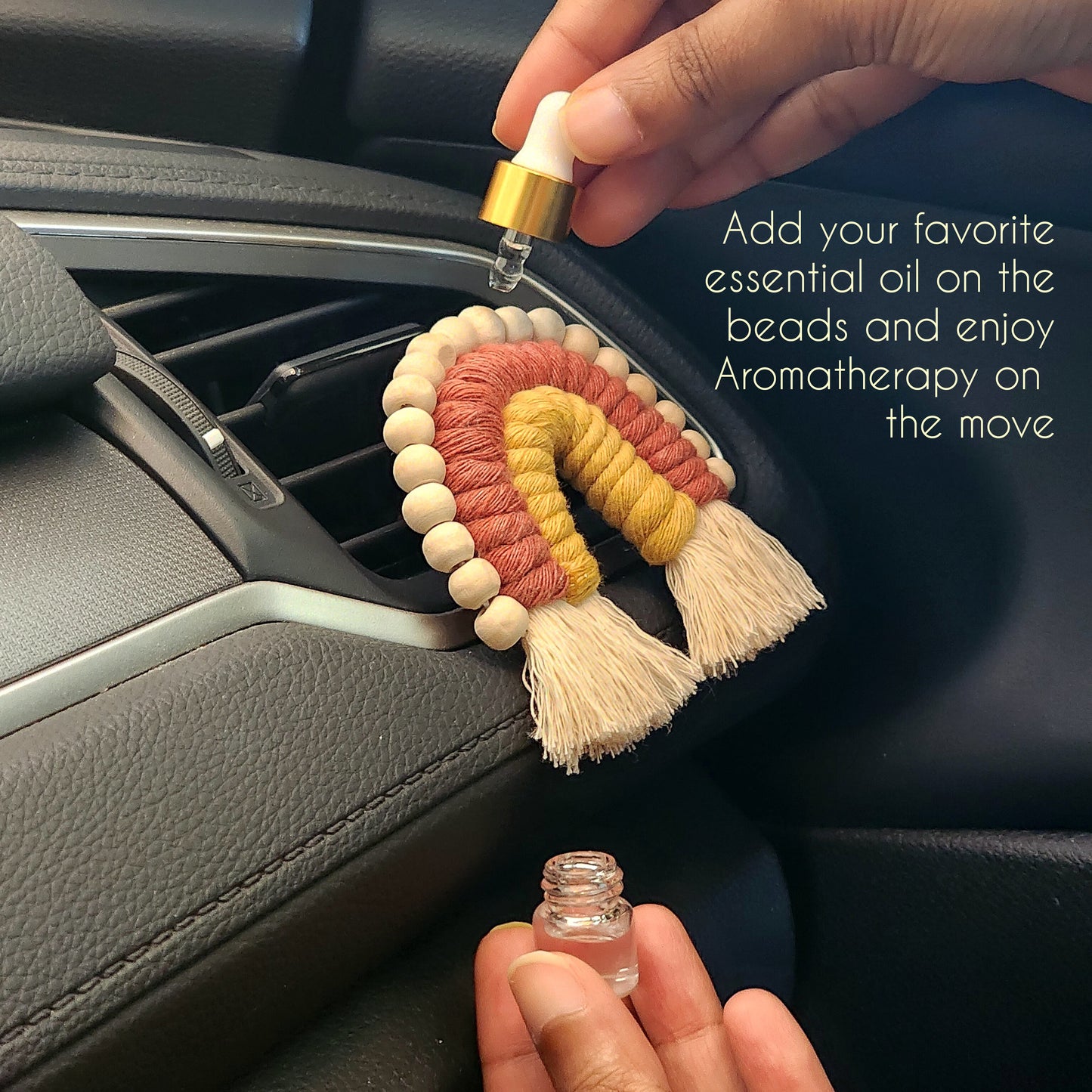 Macrame Rainbow Car Vent Clip with wooden beads for essential oil Diffusion