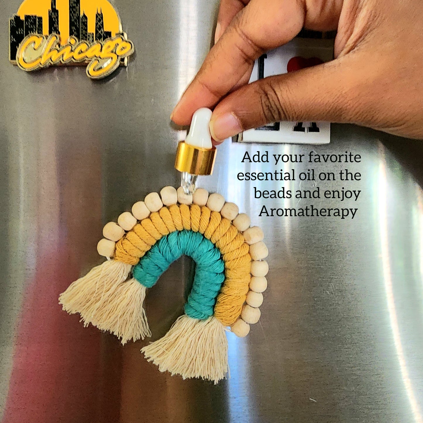 Macrame Rainbow Fridge Magnets / Natural Oil Diffuser with wooden beads for Aromatherapy