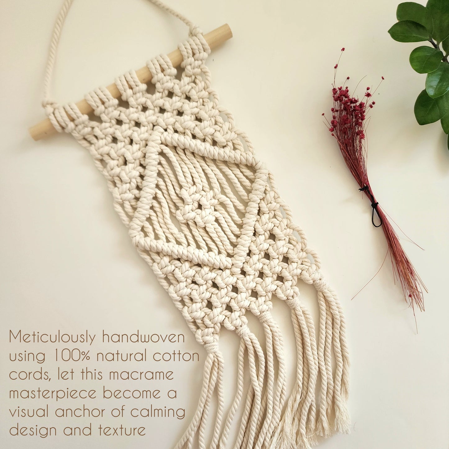 Macrame Wall Hanging with Diamond Pattern, Handmade with Cotton Cords, Eco-friendly Home Décor