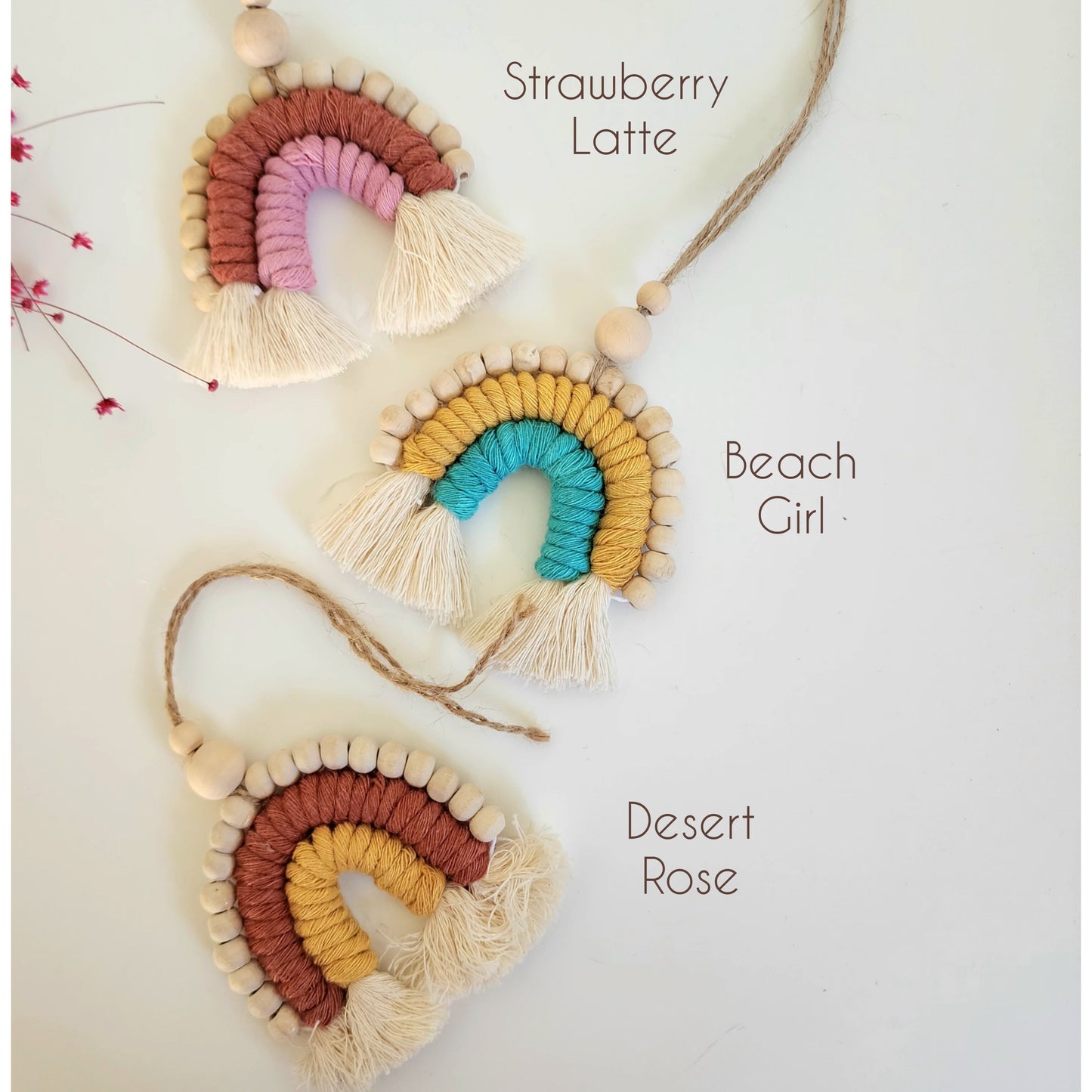 Macrame Rainbow Car Charm / Natural Oil Diffuser with wood bead details