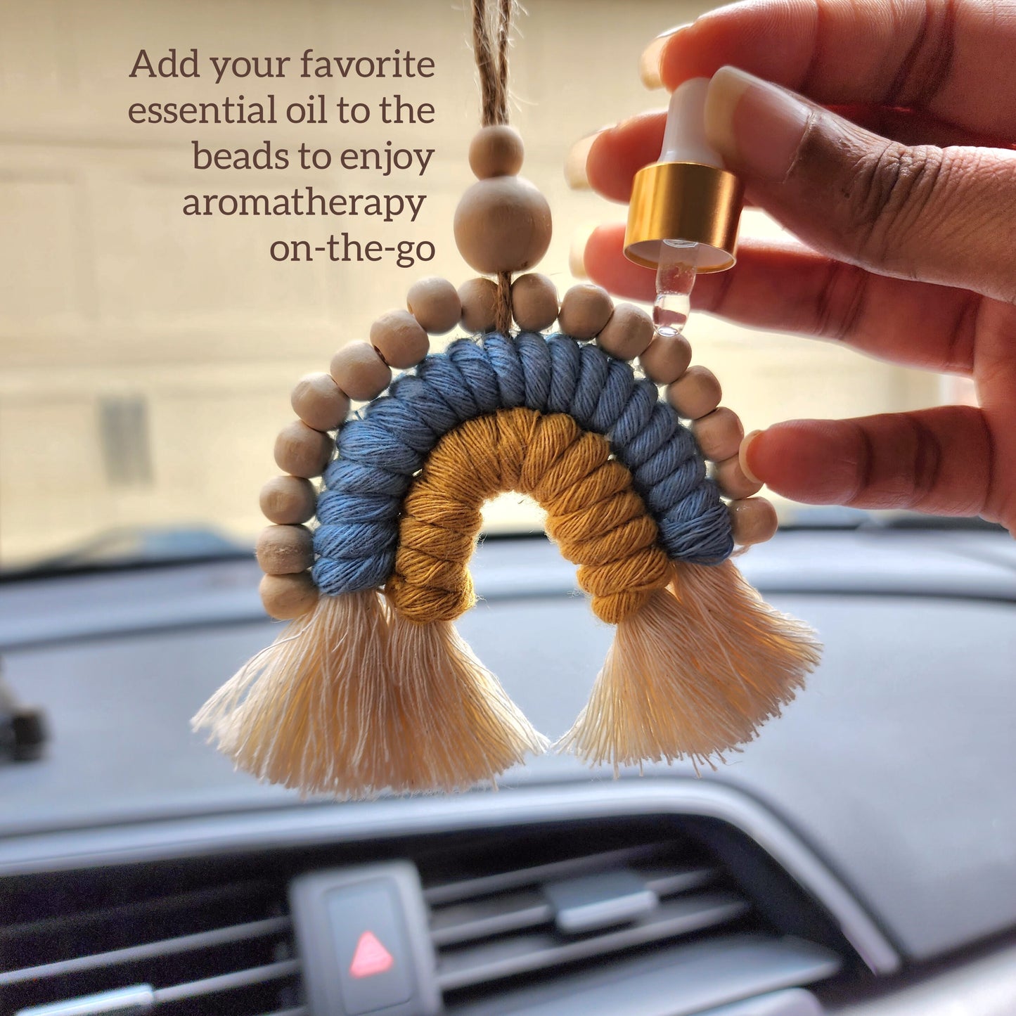 Macrame Rainbow Car Charm / Natural Oil Diffuser with wood bead details