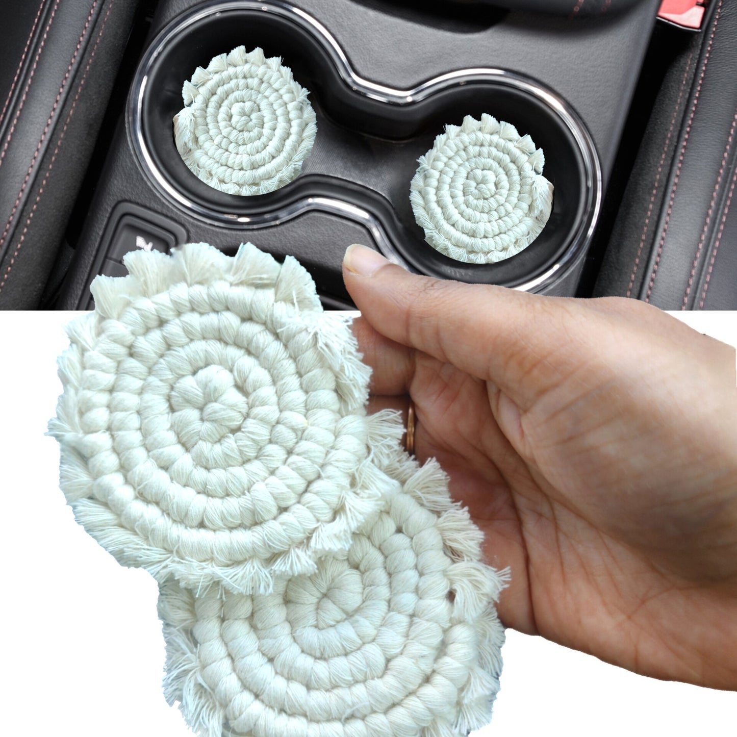 Mini Macrame Cotton Car Coasters- Set of 2 | Recycled Cotton washable coaster sets