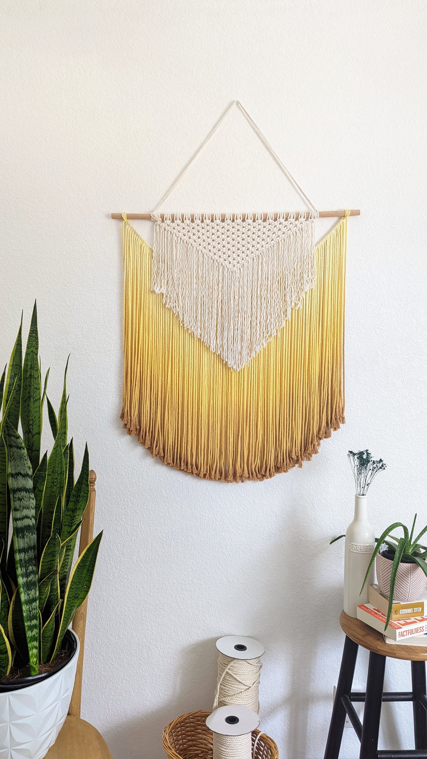 Handmade Macrame wall hanging in Sunshine Yellow, Bohemian home Decor, Handwoven and Dip-Dyed Tapestry, Chic Ombre Natural Cotton Art Piece