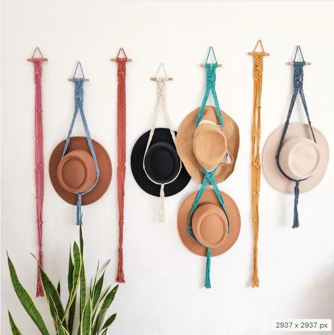 Macrame Hat Hanger, Wall Mounted Hat Display Rack, Handmade Hat Organizer