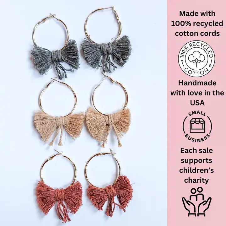 Boho Bow Hoops | Handwoven Macrame Hoop Earrings – Pack of 3 - $4 each WHOLESALE