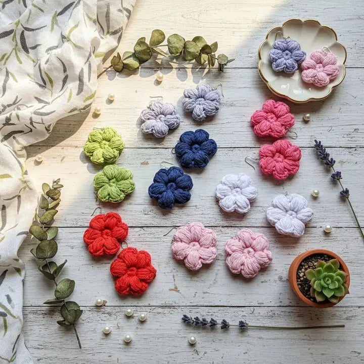 Bloom Dangle Earrings | Handmade Crochet Floral Earrings – Pack of 7 - $4 each WHOLESALE