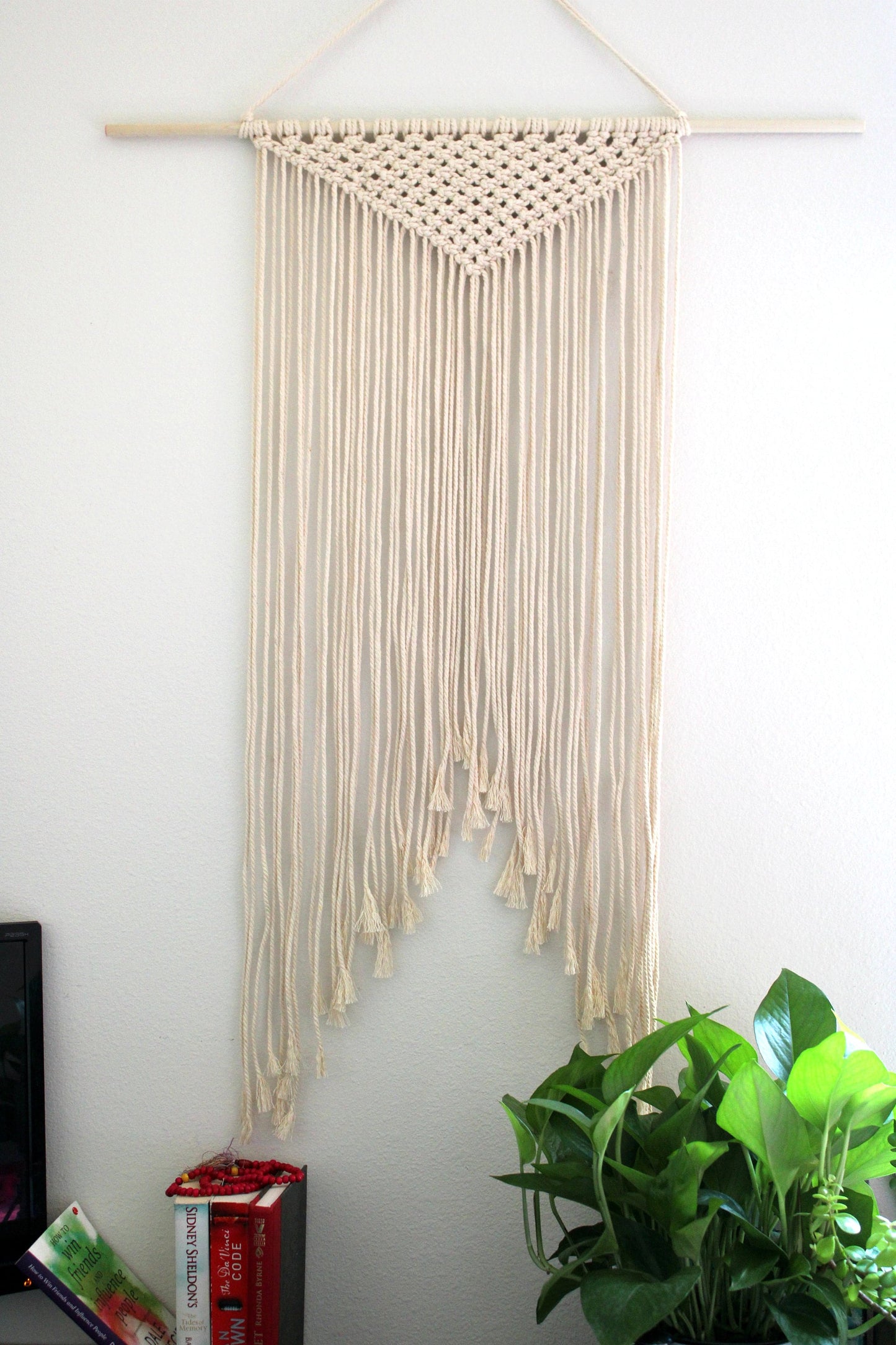 Large Handmade Minimalist wall hanging, Natural Off-White Boho Ombre tapestry, Macrame Art on wooden dowel with Cotton Cords, Chic Decor