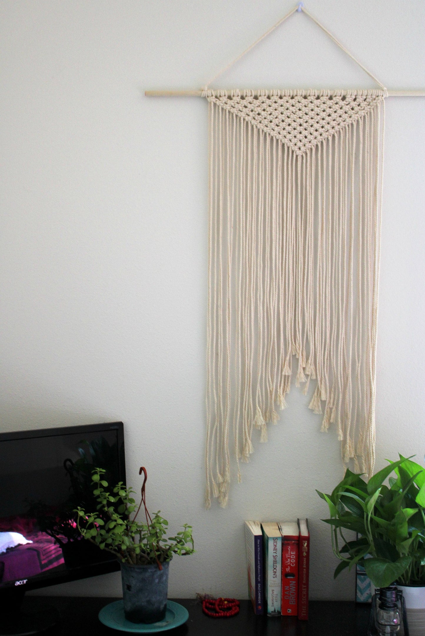 Large Handmade Minimalist wall hanging, Natural Off-White Boho Ombre tapestry, Macrame Art on wooden dowel with Cotton Cords, Chic Decor