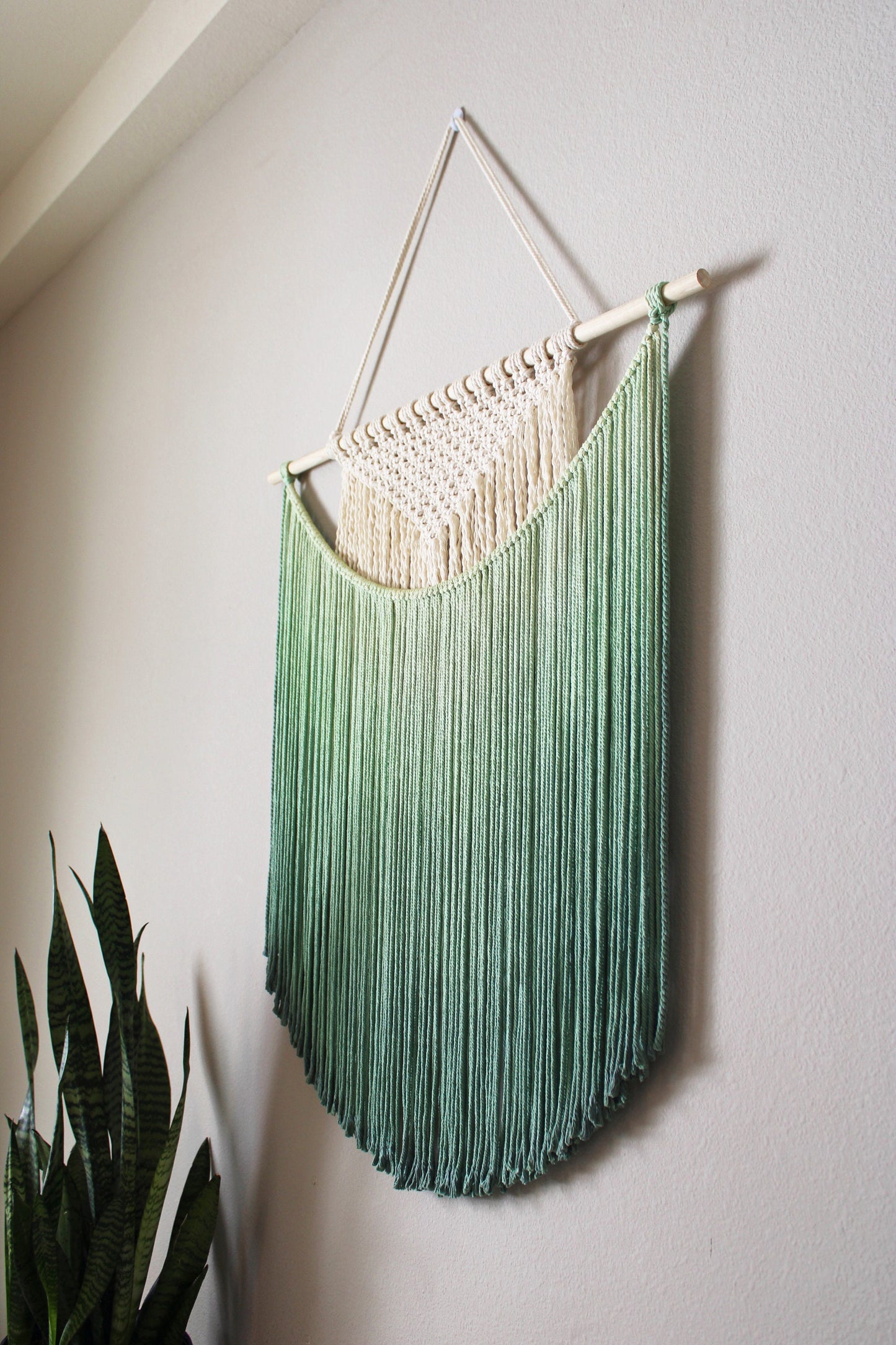 Handmade Macrame wall hanging in Ombre Green, Bohemian home Decor, Handwoven and Dip-Dyed Tapestry, Chic Ombre Natural Cotton Art Piece