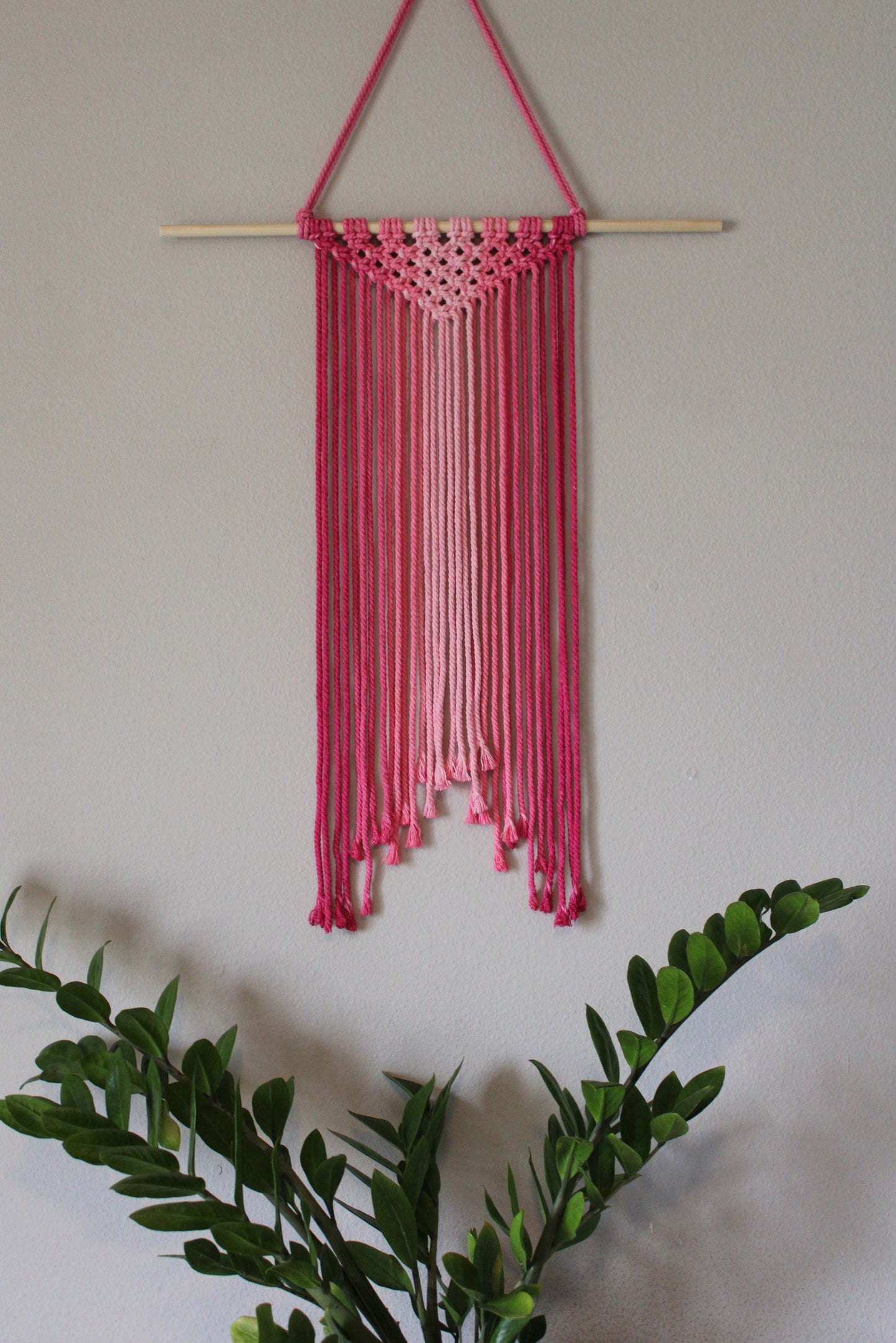 Large Handmade Minimalist wall hanging, Magenta Pink Boho Ombre tapestry, Macrame Art on wooden dowel with Cotton Cords, Chic design & Decor