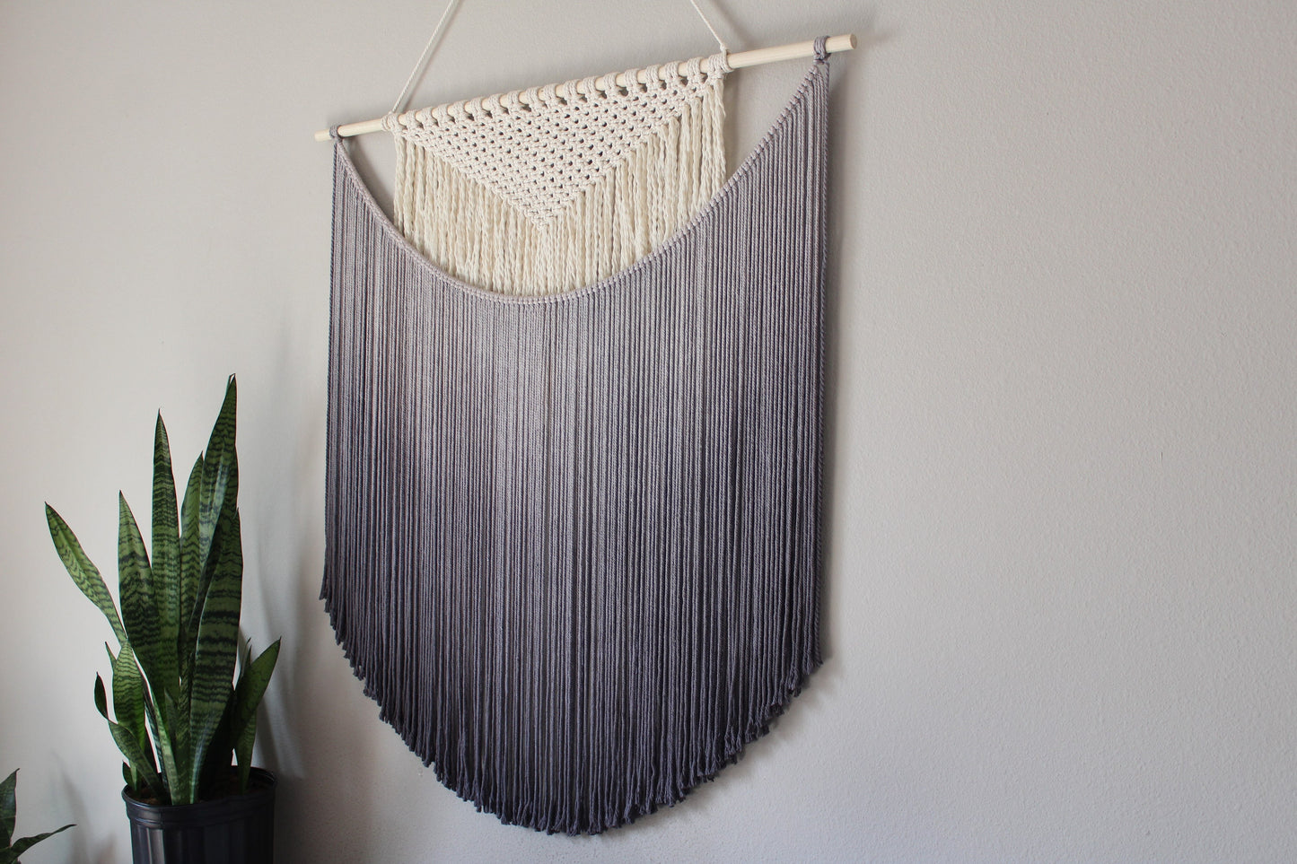 Handmade Macrame wall hanging in Ombre Gray Color, Bohemian home Decor, Handwoven and Dip-Dyed Tapestry, Chic Ombre Natural Cotton Art Piece