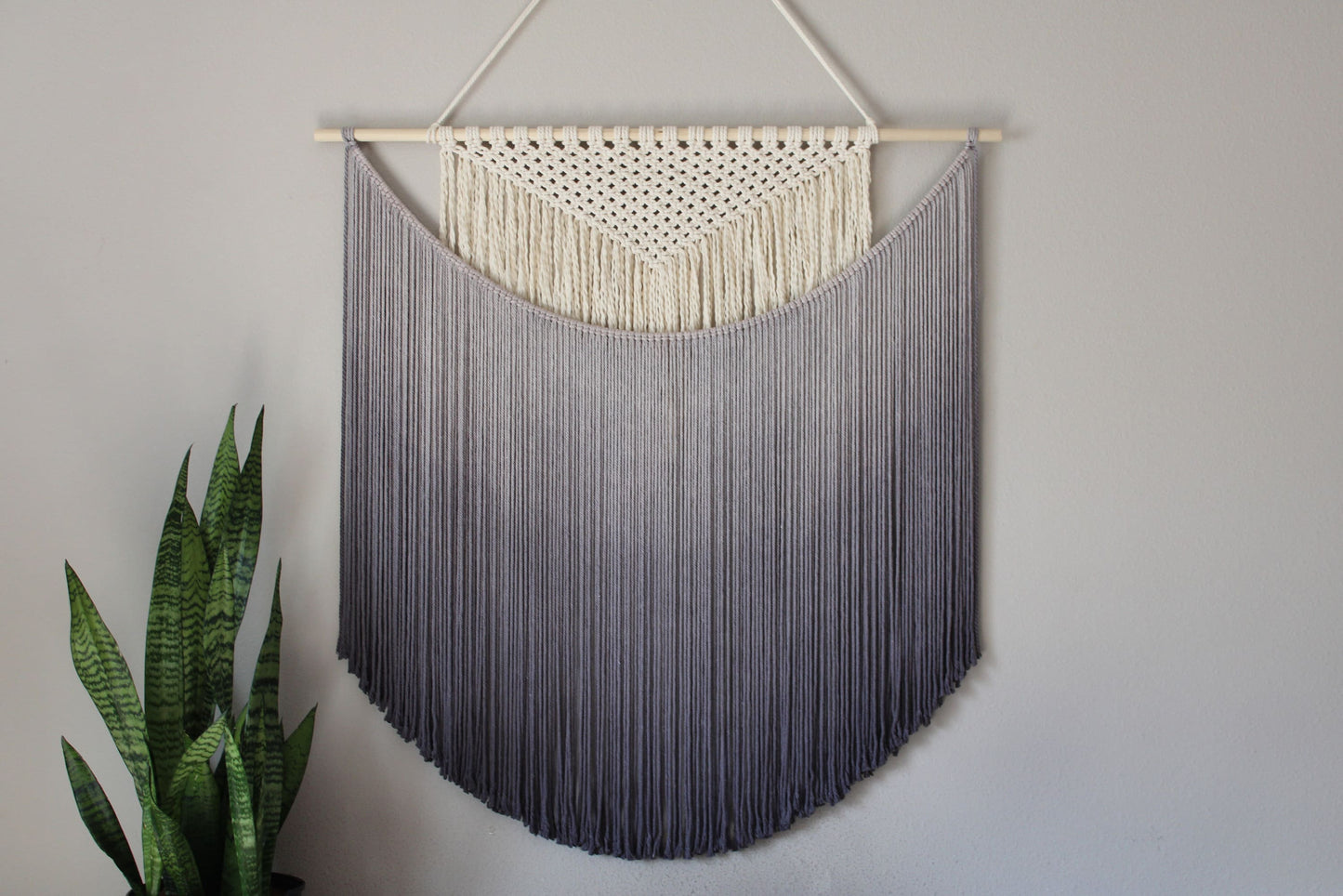 Handmade Macrame wall hanging in Ombre Gray Color, Bohemian home Decor, Handwoven and Dip-Dyed Tapestry, Chic Ombre Natural Cotton Art Piece