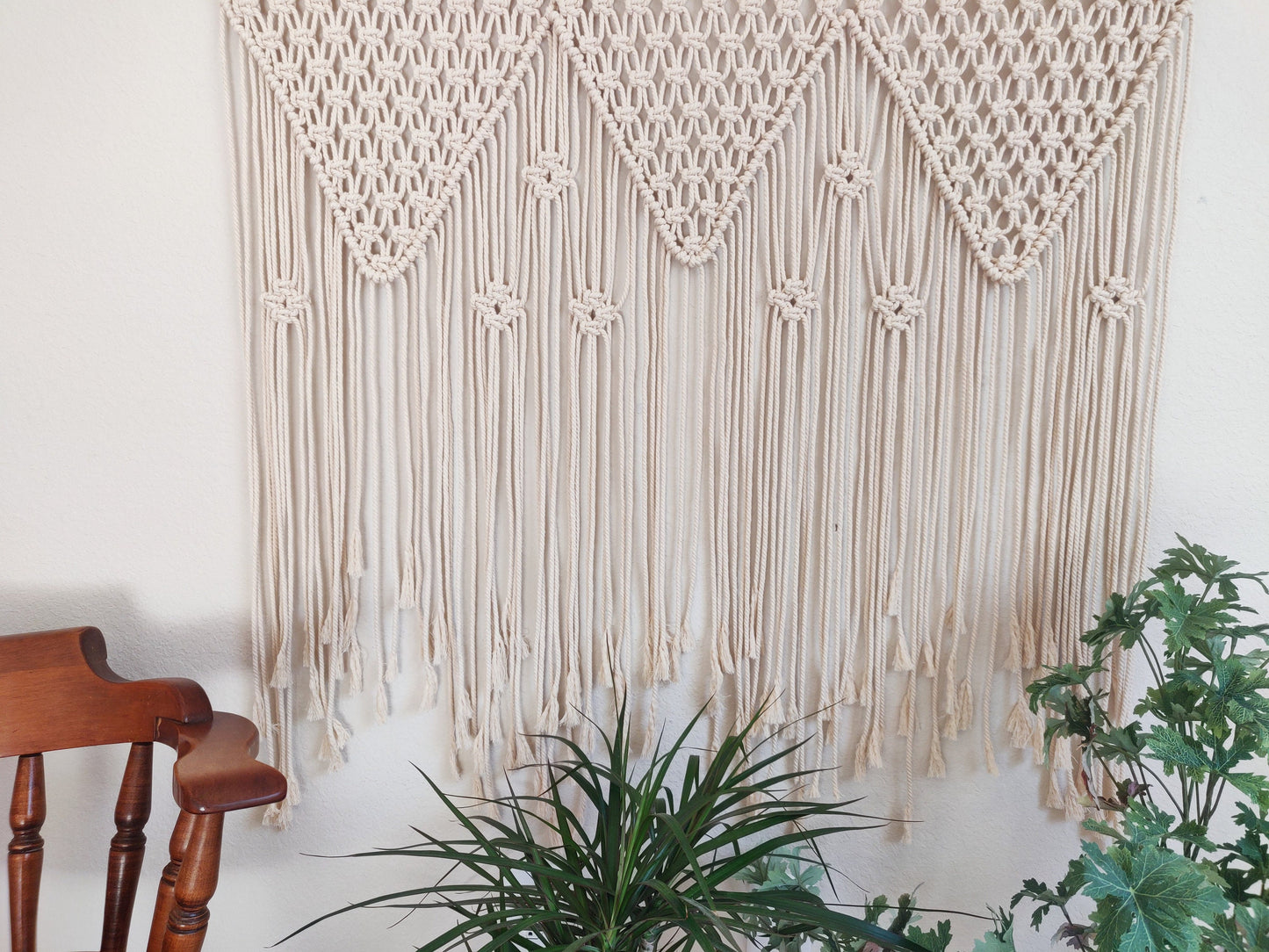 Large Macrame Neutral Color wall hanging, Handmade Macrame backdrop, Bohemian Handwoven Tapestry, Natural Cotton Cords on Wooden Dowel