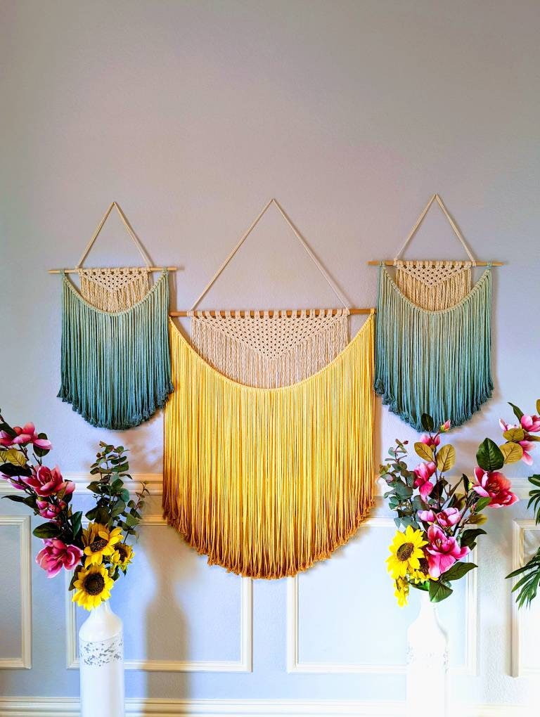 Handmade Macrame wall hanging in Sunshine Yellow, Bohemian home Decor, Handwoven and Dip-Dyed Tapestry, Chic Ombre Natural Cotton Art Piece