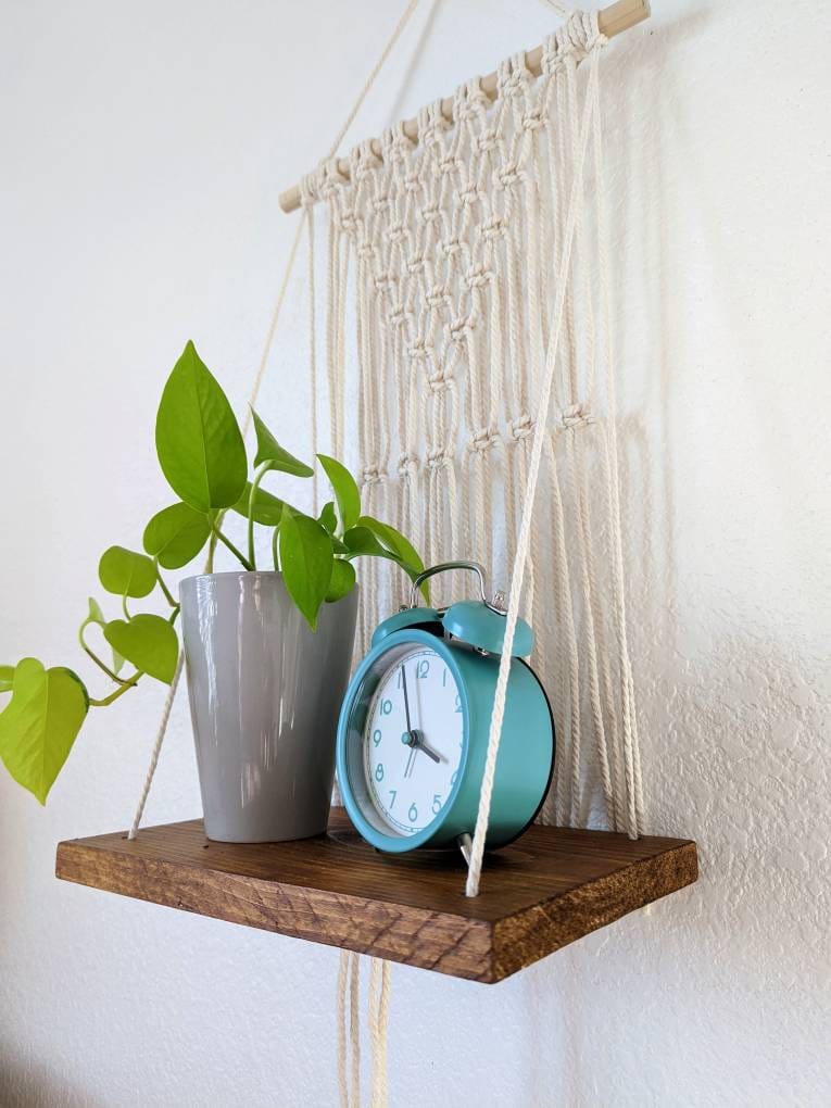 Handmade Boho Macrame wooden Shelf for Plants, Bedroom / Bathroom Decor, Decorative shel, Floating Shelf for Indoor/Outdoor, Wall Decor Rack