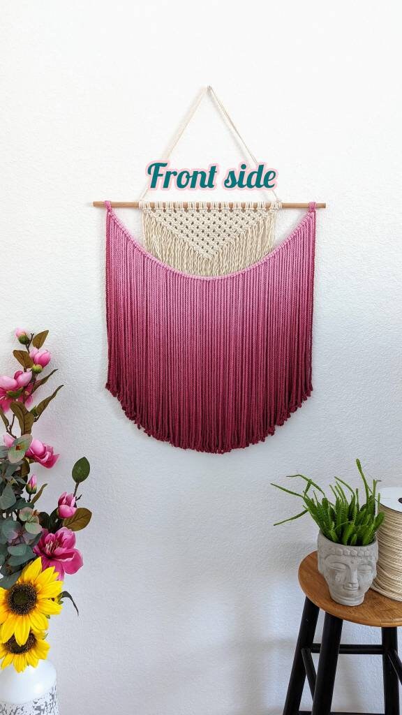 Handmade Macrame wall hanging in Magenta Pink, Bohemian home Decor, Handwoven and Dip-Dyed Tapestry, Chic Ombre Natural Cotton Art Piece